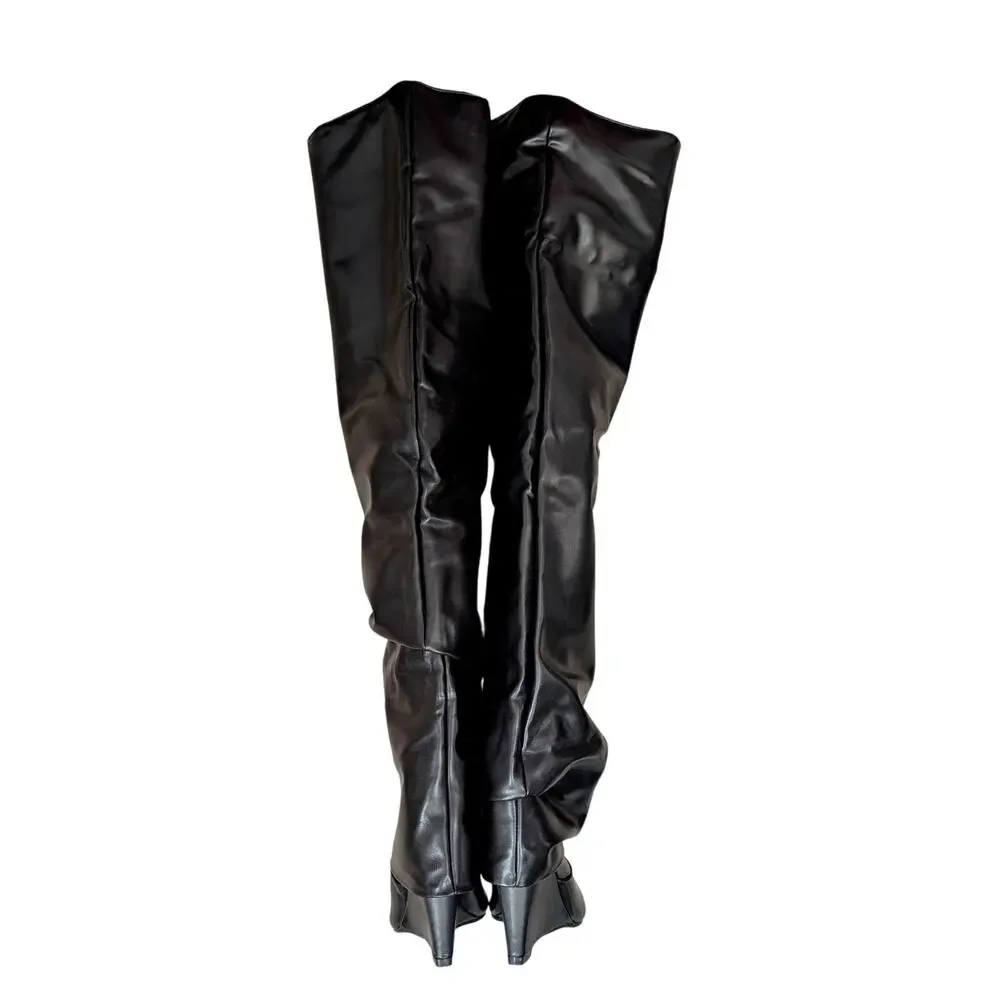 NWOT! FASHION NOVA! BLACK VEGAN LEATHER, THIGH HIGH, FOLD TO ANKLE BOOTS! SZ 11M